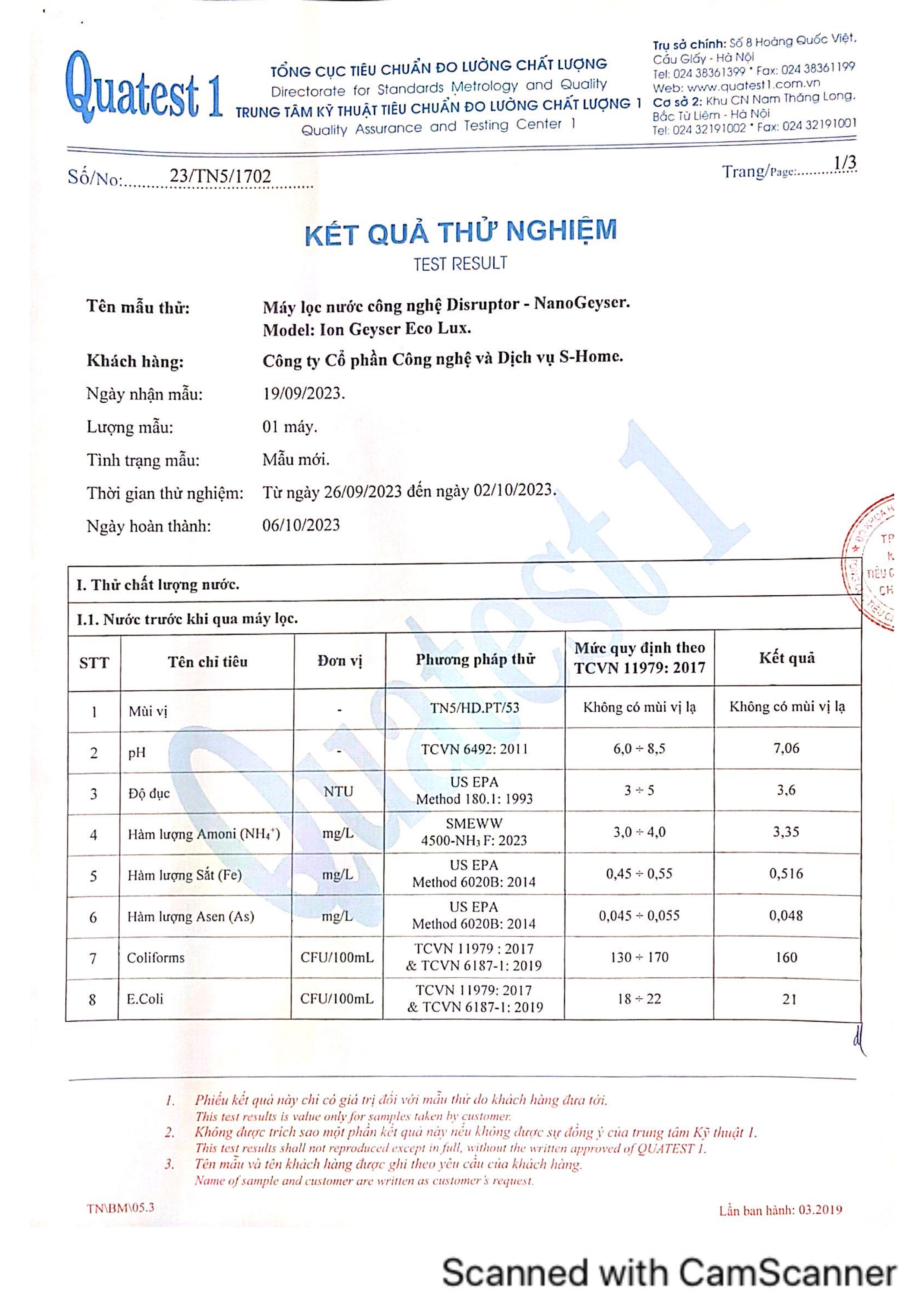 CHỨNG NHẬN NƯỚC ĐẠT CHUẨN NƯỚC UỐNG TRỰC TIẾP QCVN 6 - 1: 2010/BYT VỚI CÔNG NGHỆ LỌC DISRUPTOR