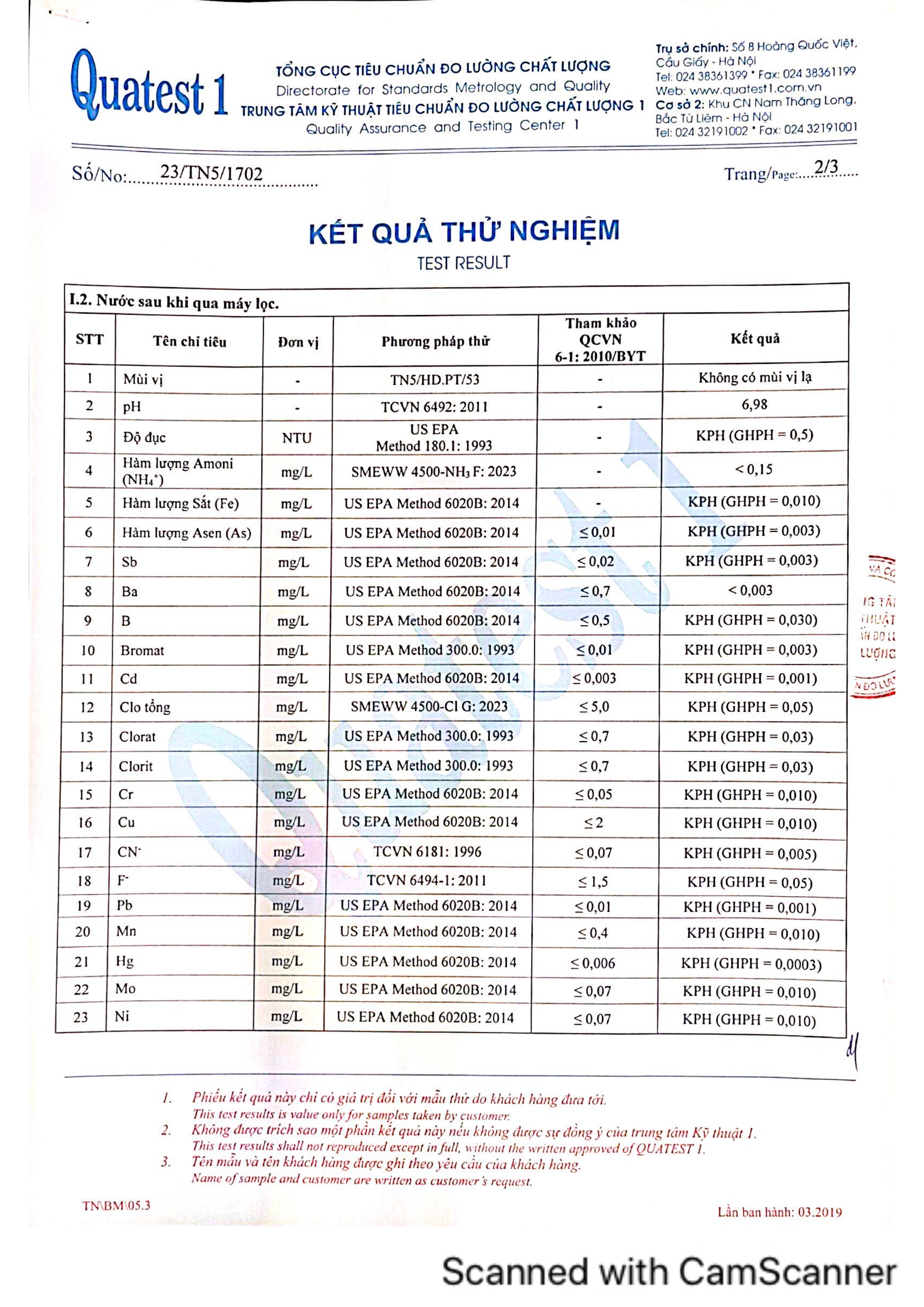 CHỨNG NHẬN NƯỚC ĐẠT CHUẨN NƯỚC UỐNG TRỰC TIẾP QCVN 6 - 1: 2010/BYT VỚI CÔNG NGHỆ LỌC DISRUPTOR