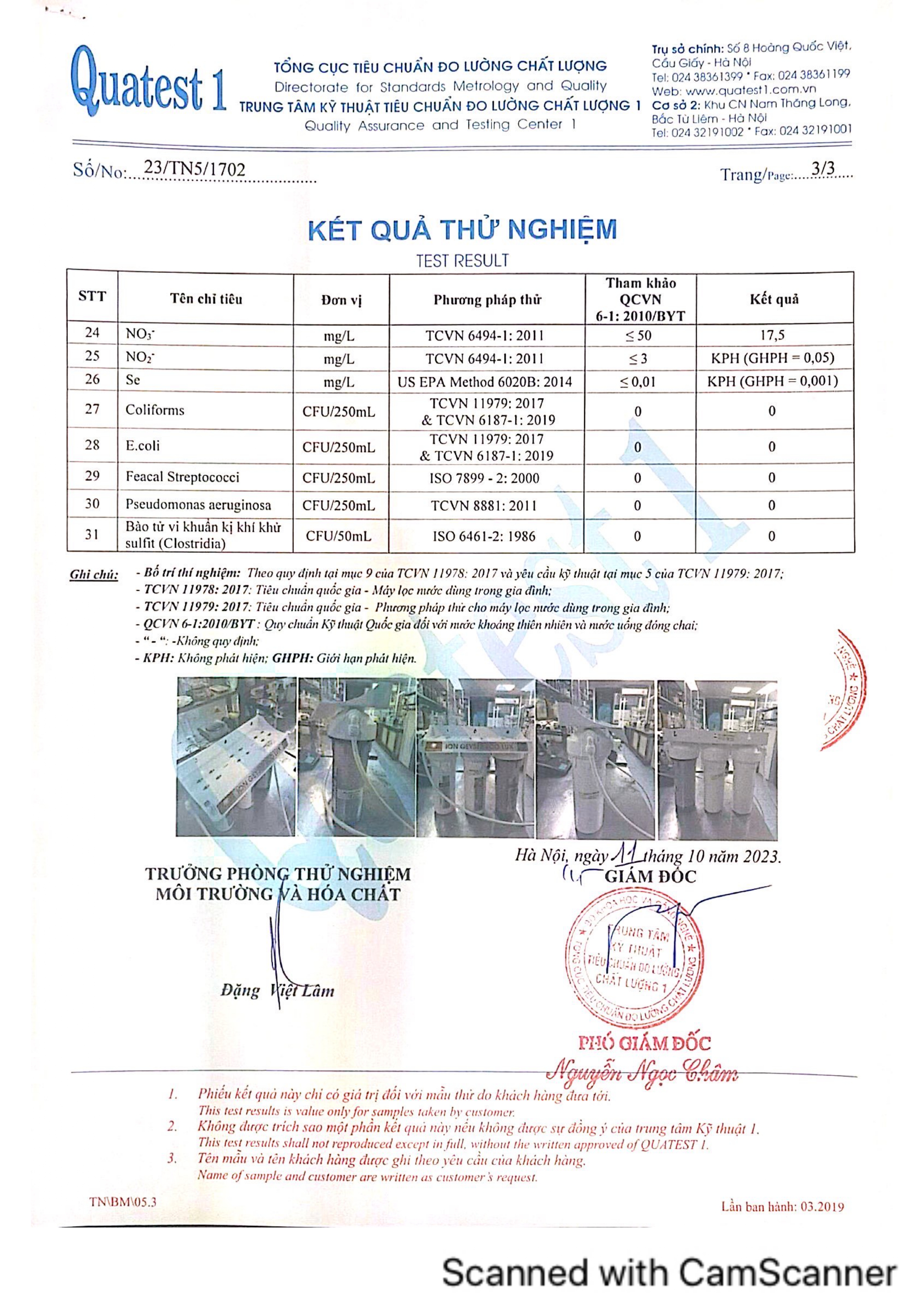 CHỨNG NHẬN NƯỚC ĐẠT CHUẨN NƯỚC UỐNG TRỰC TIẾP QCVN 6 - 1: 2010/BYT VỚI CÔNG NGHỆ LỌC DISRUPTOR