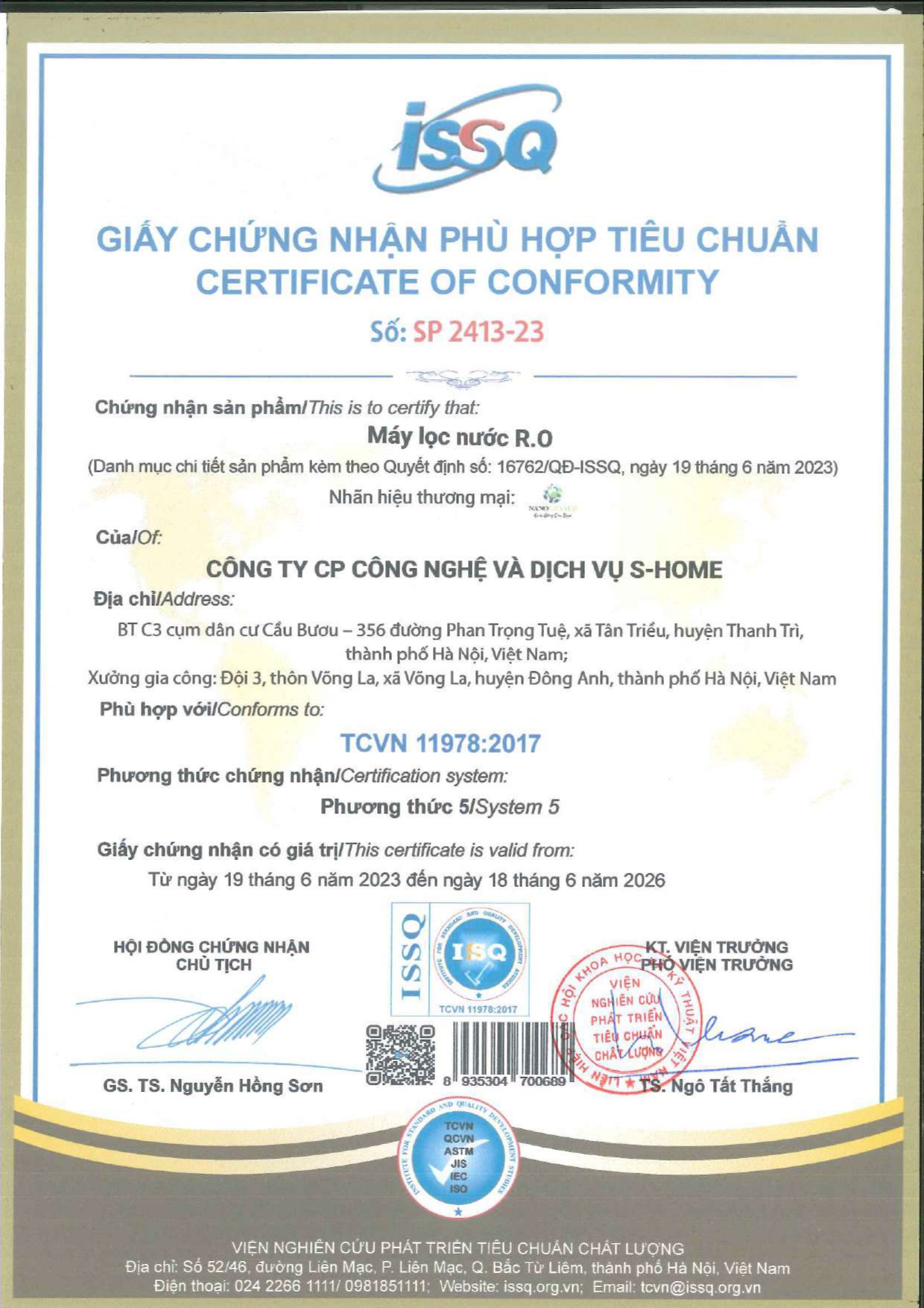 THƯƠNG HIỆU MÁY LỌC NƯỚC NANO GEYSER ĐẠT CHỨNG NHẬN TIÊU CHUẨN CHẤT LƯỢNG TCVN 11978:2017